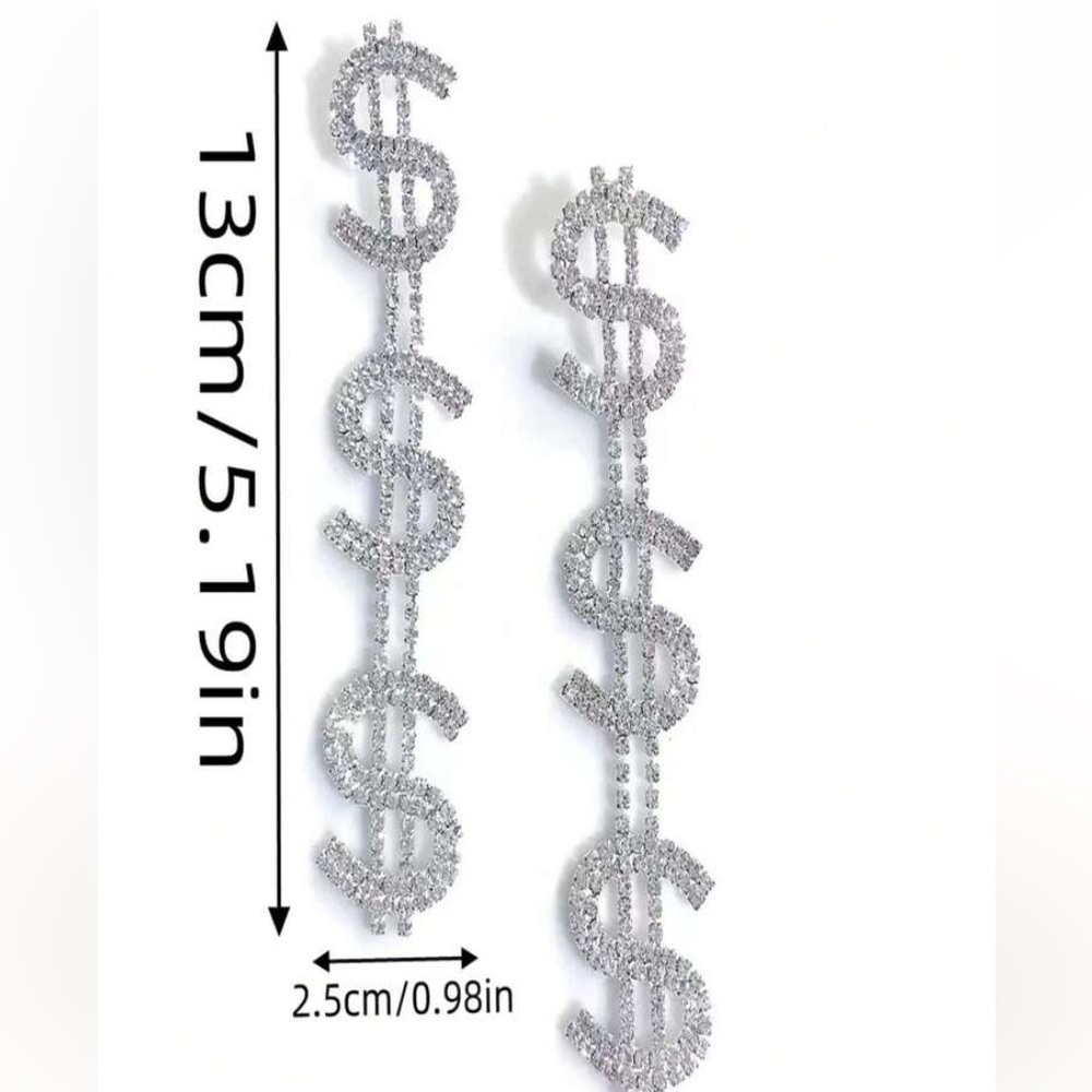 1pair Silver Dollar Sign Long Pendant Earrings Accessory Silver / one-size - Picture 3 of 3